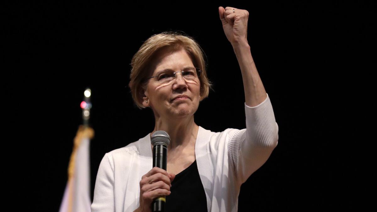 Sen. Elizabeth Warren at a town hall gathering in Woburn, Mass., in August.