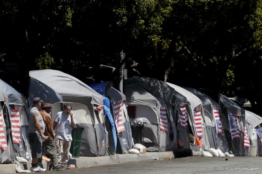 LOS ANGELES, CALIF. - JULY 4, 2020. American flags decorate tents at an encampment of homeless veterans along San Vicente Boulevard in Brentwood on Saturday, July 4, 2020. (Luis Sinco/Los Angeles Times)