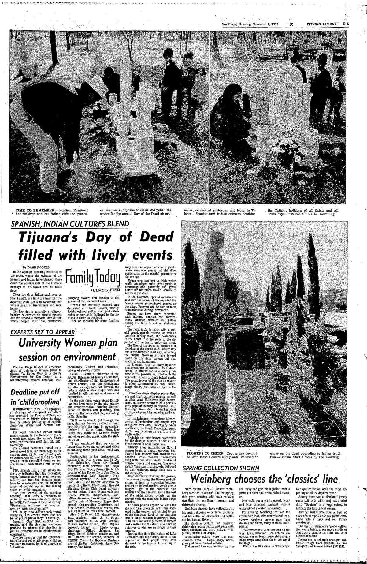 A page from the Evening Tribune, Nov. 2, 1972 features a story on Tijuana's Day of Dead.