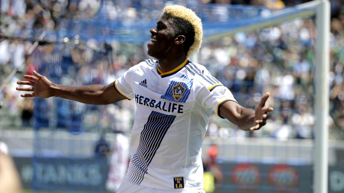 Gyasi Zardes, who for two weeks has been with the U.S. national team, celebrates a goal during the Galaxy's 3-1 victory over the Sounders on Aug. 9.