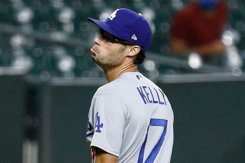 Dodgers pitcher Joe Kelly makes his now-famous pouty face toward Houston's Carlos Correa