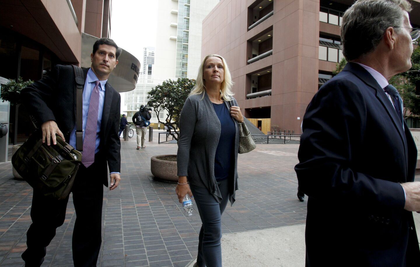 Margaret Hunter leaves federal court in San Diego where she and her husband, Congressman Duncan Hunter appeared for a status hearing. They are charged with misspending political donations on personal items.