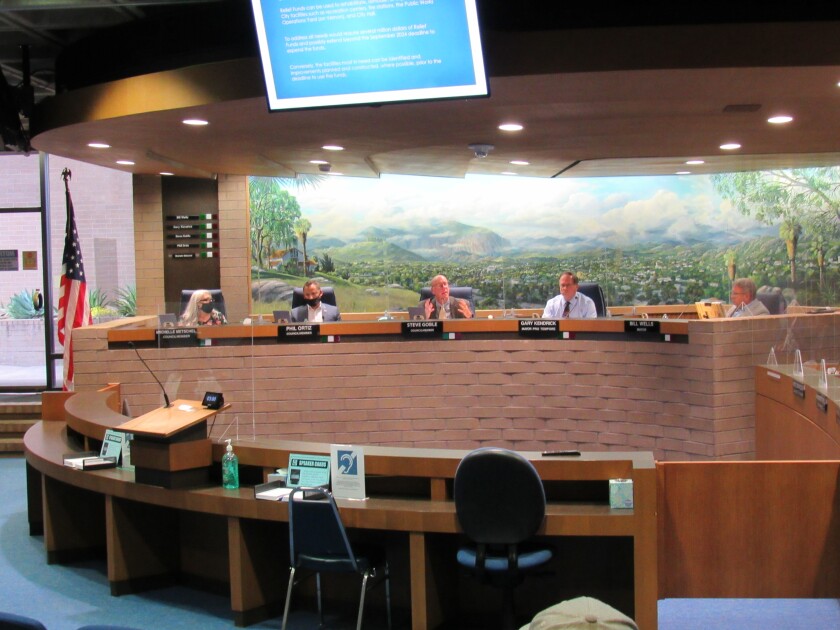 El Cajon City Council at an in-person meeting earlier this year. The council passed the city's 2021-22 budget in June.