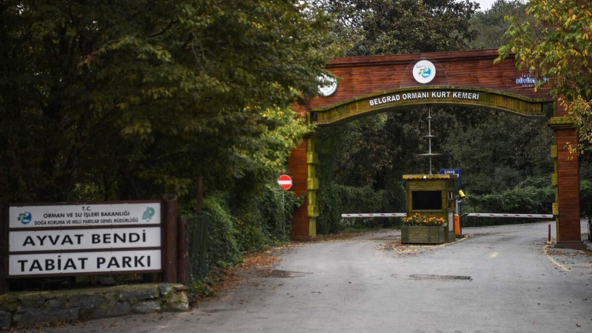 The main gate of Istanbul's Belgrad forest, which was searched by Turkish police investigating the disappearance of Saudi journalist Jamal Khashoggi.
