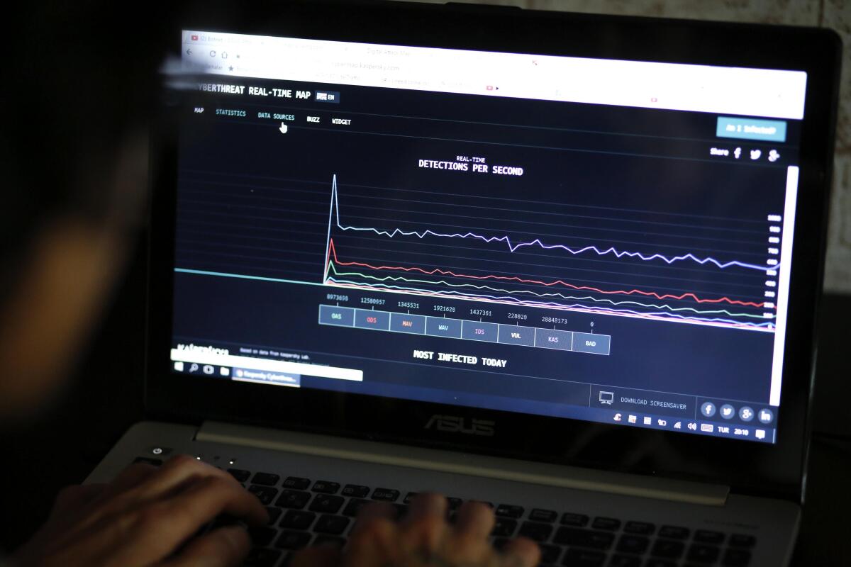 Un ingeniero revisa unas estadísticas en directo sobre las posibles amenazas de ciberataque en su oficina en Estambul, Turquía.