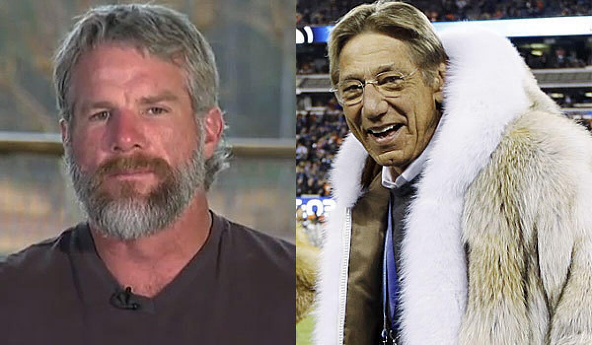 Legendary quarterbacks Brett Favre, left, and Joe Namath had different furry looks on Super Bowl Sunday.