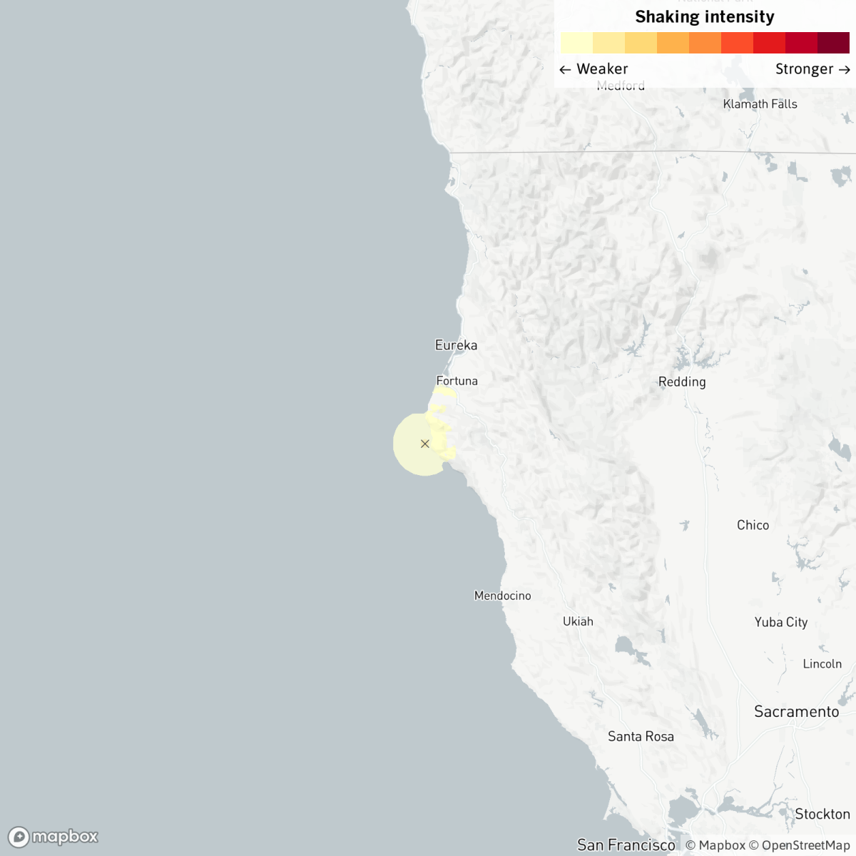 A map showing the epicenter of an earthquake reported Sunday at 7:46 a.m. 23 miles from Fortuna, Calif.
