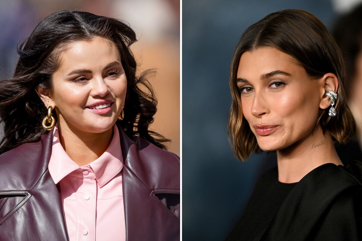 A two-image collage showing actor Selena Gomez, left, and influencer Hailey Bieber