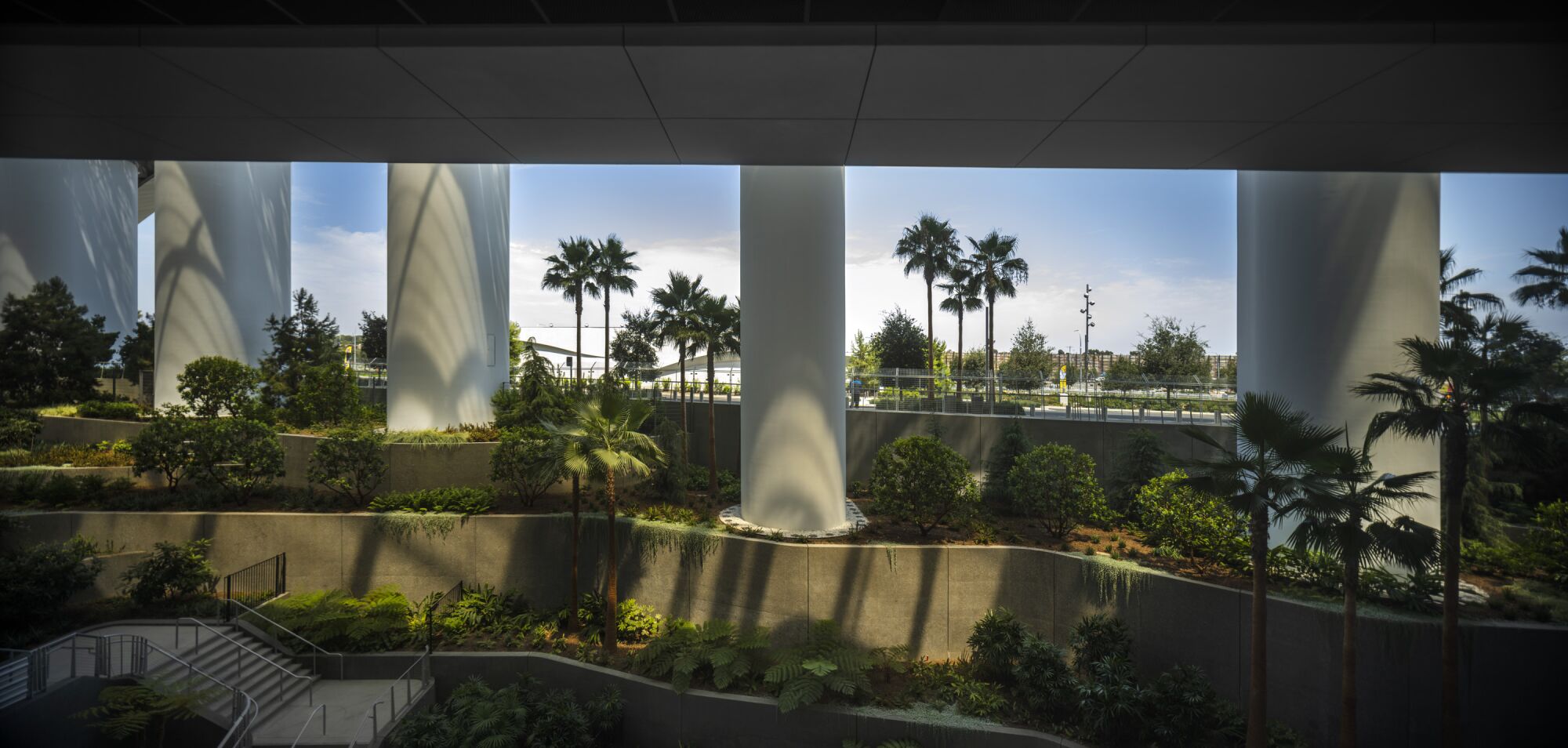 Columns plunge into stepped gardens that burst with vegetation at SoFi Stadium