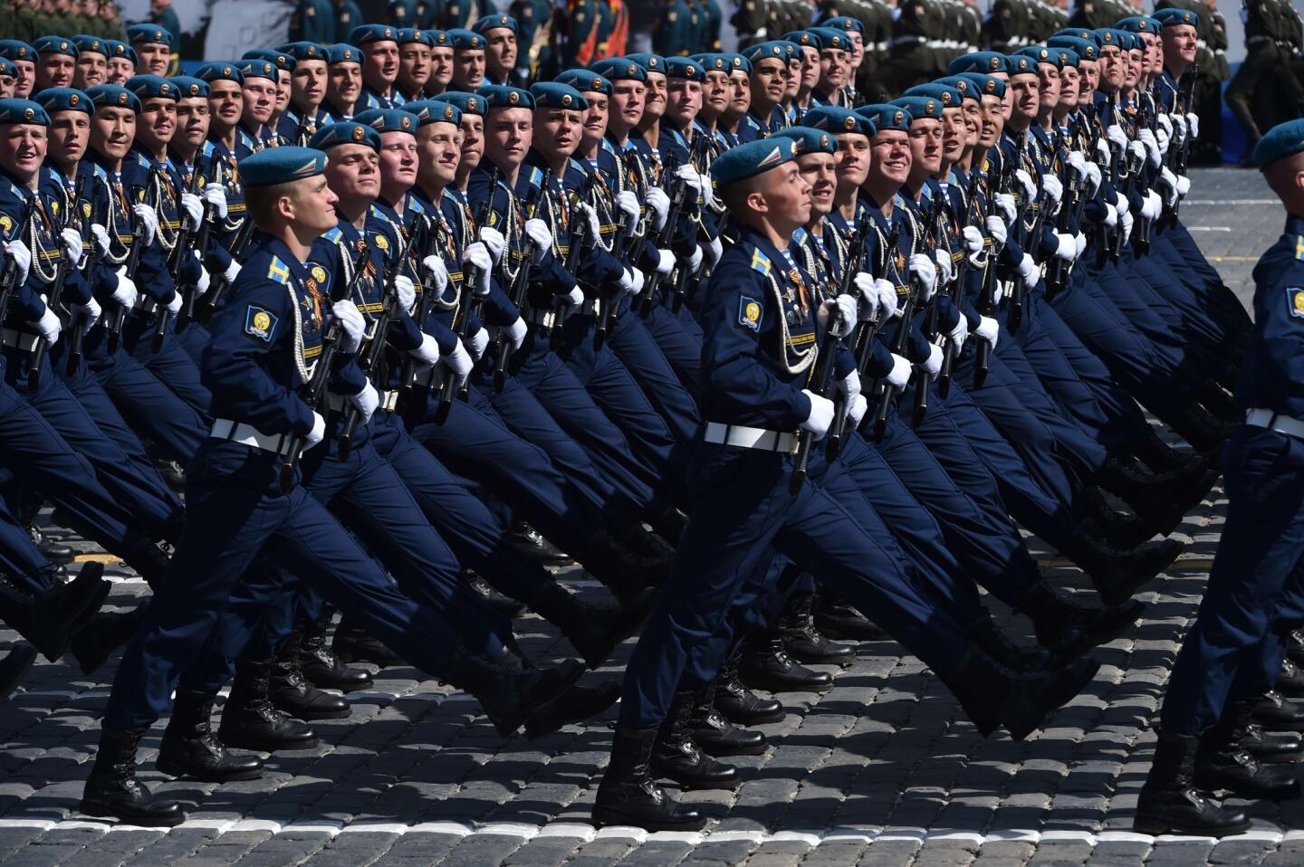 Russian soldiers march through Red Square during the Victory Day military parade in Moscow on May 9, 2015.