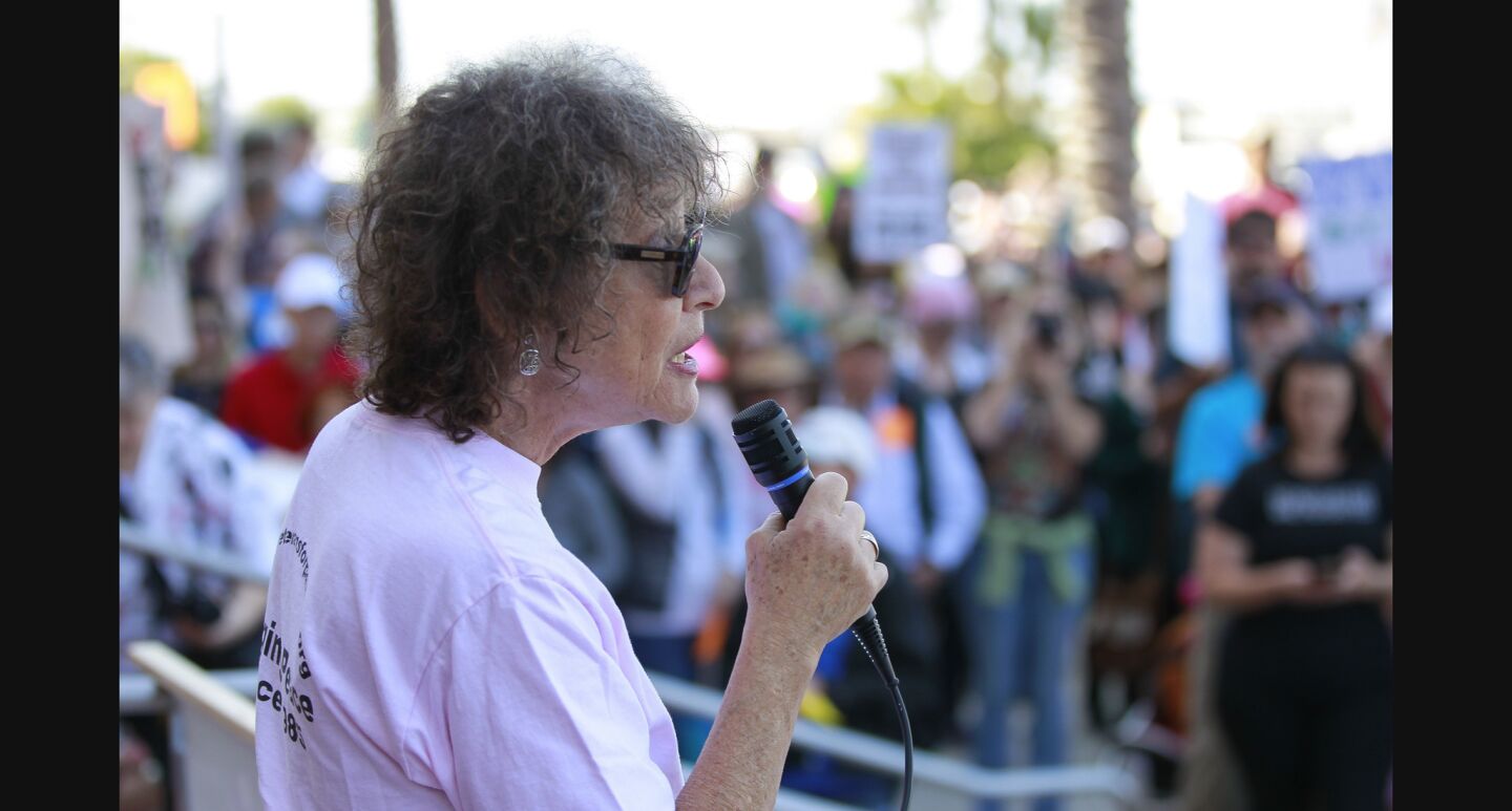 Marjorie Cohn speaks to the crowd as anti-Trump protesters gather at the San Diego County Administration Center.