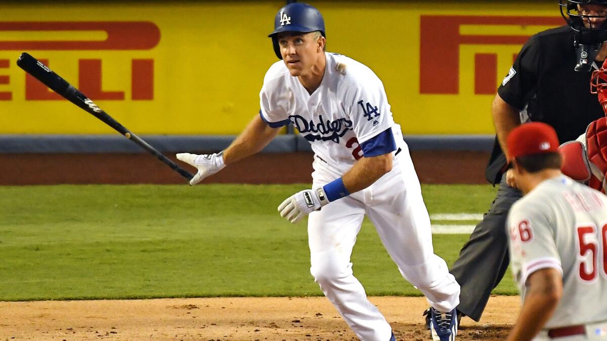 Dodgers second baseman Chase Utley watches his solo home run of Phillies starter Zach Eflin in the second inning Monday.