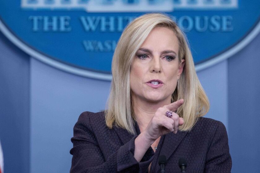 Homeland Security Secretary Kirstjen Nielsen speaks during the press briefing at the White House in Washington, DC, on April 4, 2018. US President Donald Trump has ordered National Guard personnel to the Mexican border, secretary of Homeland Security Kirstjen Nielsen said. / AFP PHOTO / NICHOLAS KAMMNICHOLAS KAMM/AFP/Getty Images ** OUTS - ELSENT, FPG, CM - OUTS * NM, PH, VA if sourced by CT, LA or MoD **