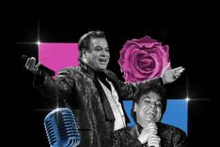 Collage of Juan Gabriel plus flowers and a microphone