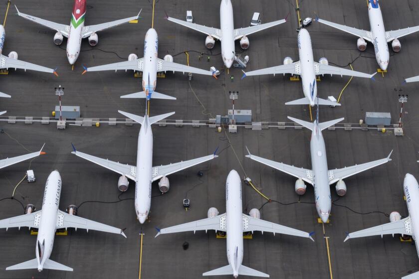 SEATTLE, WA - JUNE 27: Boeing 737 MAX airplanes are stored in an area adjacent to Boeing Field, on June 27, 2019 in Seattle, Washington. After a pair of crashes, the 737 MAX has been grounded by the FAA and other aviation agencies since March, 13, 2019. (Photo by Stephen Brashear/Getty Images) ** OUTS - ELSENT, FPG, CM - OUTS * NM, PH, VA if sourced by CT, LA or MoD **
