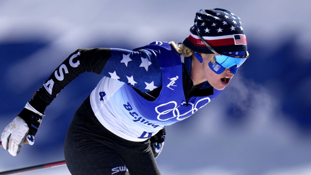 Jessie Diggins competes during the women's 30km mass start free cross-country skiing.