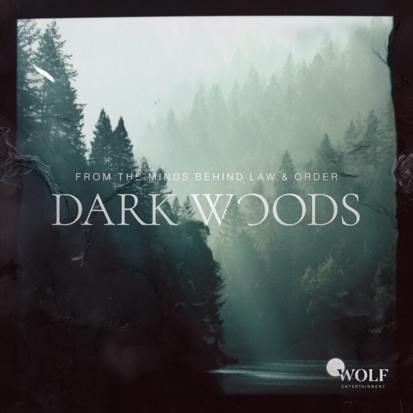 This image released by Wolf Entertainment shows art for the fiction podcast "Dark Woods," with Corey Stoll and Monica Raymund. (Wolf Entertainment via AP)
