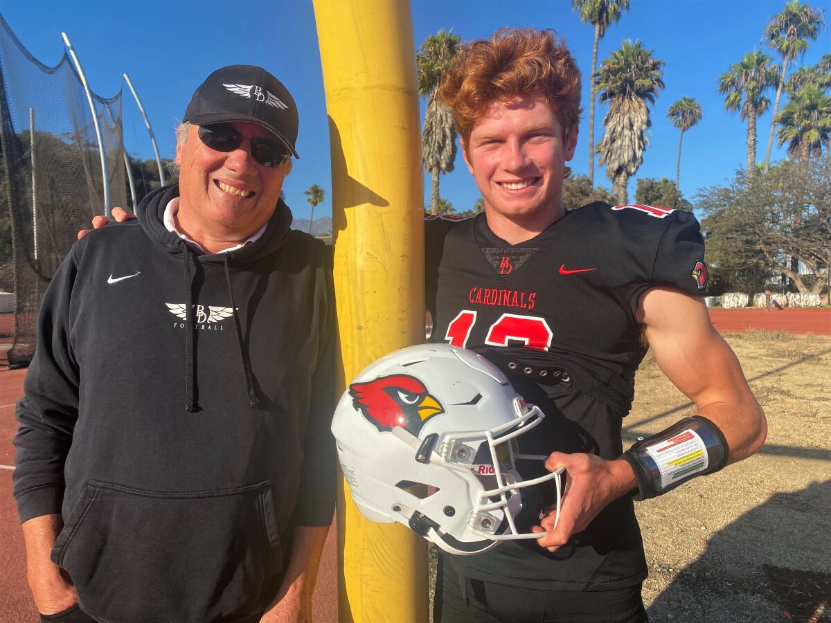 Former NFL kicker Mick Luckhurst with youngest son Michael, a quarterback and kicker at Bishop Diego High in Santa Barbara.