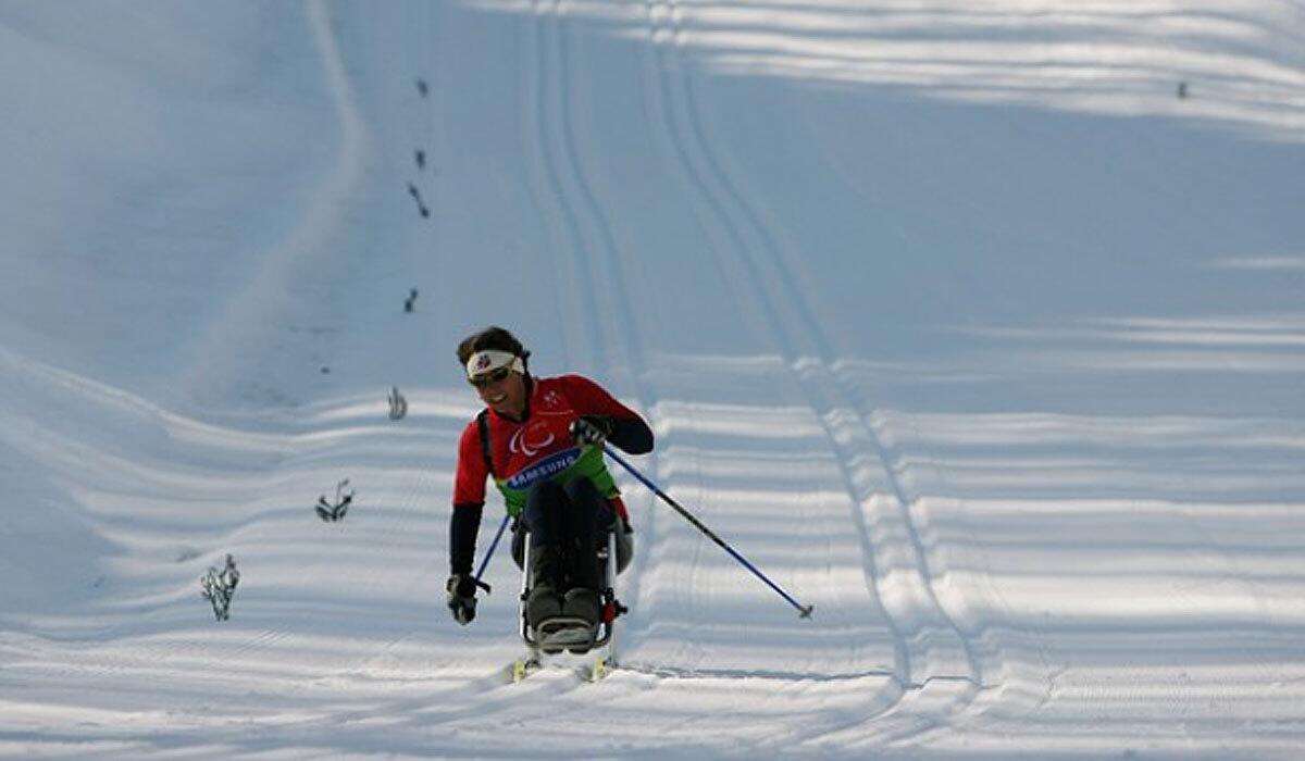 Candace Cable competes in the women's cross-country relay at the 2006 Winter Paralympic Games on March 17, 2006, in Pragelato Plan, Italy.