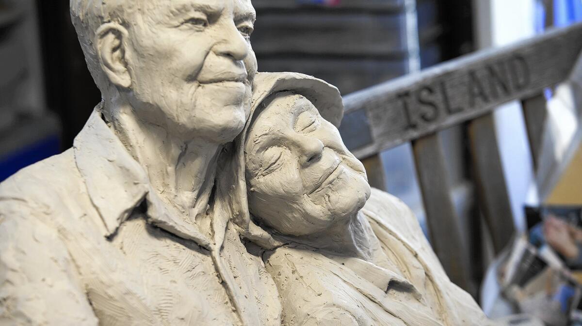 A sculpture of Balboa Island couple Herman and Lois Dorkin is being created to be placed on a bench at the end of Marine Avenue, the island’s main drag.