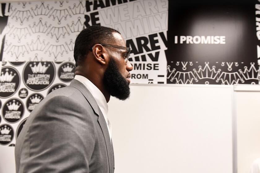 AKRON, OHIO JULY 29TH 2018-LeBron James prepares for a press conference in a classroom at the I PROMISE School in Akron, Ohio. LeBron James partnered with the University of Akron to guarantee all of his I PROMISE students, free-four college scholarships.