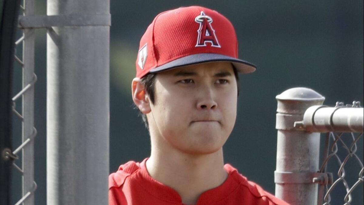Angels' Shohei Ohtani watches pitching practice during spring training Feb. 15 in Tempe, Ariz.,