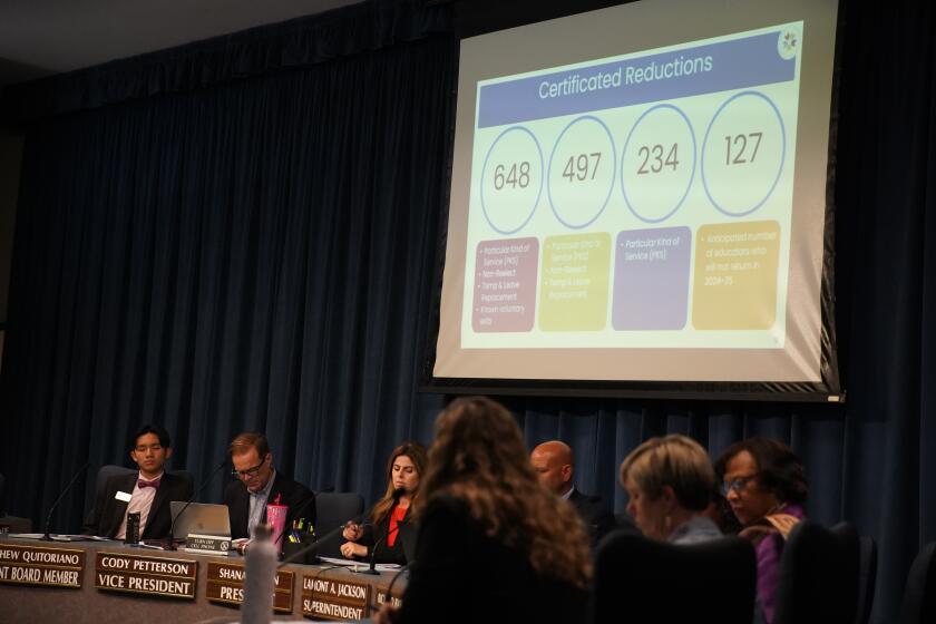 San Diego, California - March 05: San Diego Unified School Board meeting. The board looks over potential certificated staff reductions in University Heights on Tuesday, March 5, 2024 in San Diego, California. (Alejandro Tamayo / The San Diego Union-Tribune)