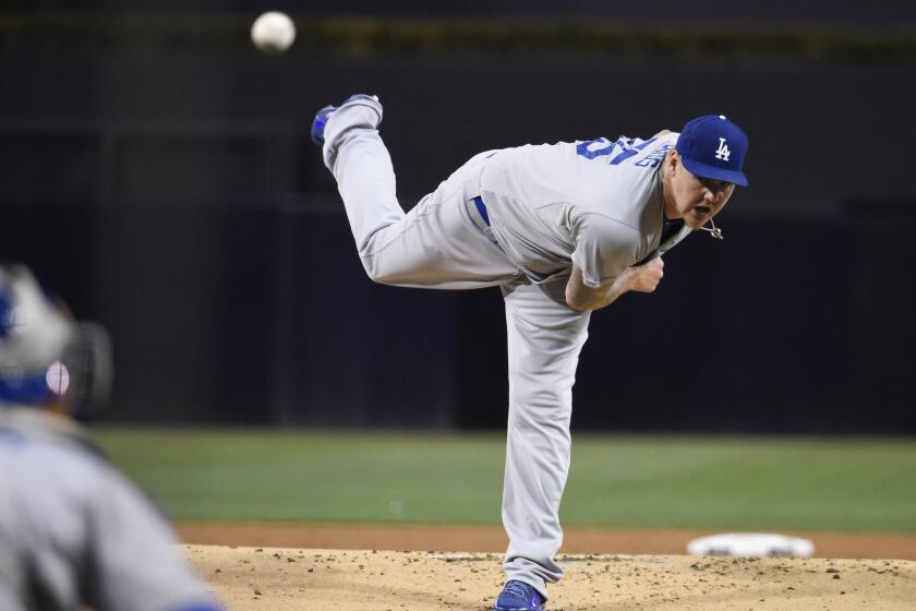 Dodgers starting pitcher Mat Latos throws during the first inning against the Padres.