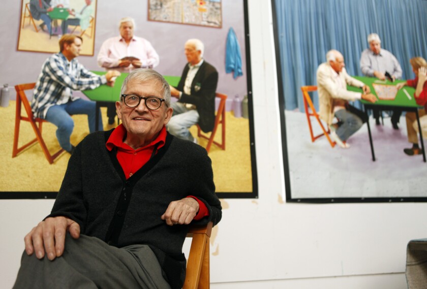 Artist David Hockney sits in front of two new pieces at his studio in the Hollywood Hills.