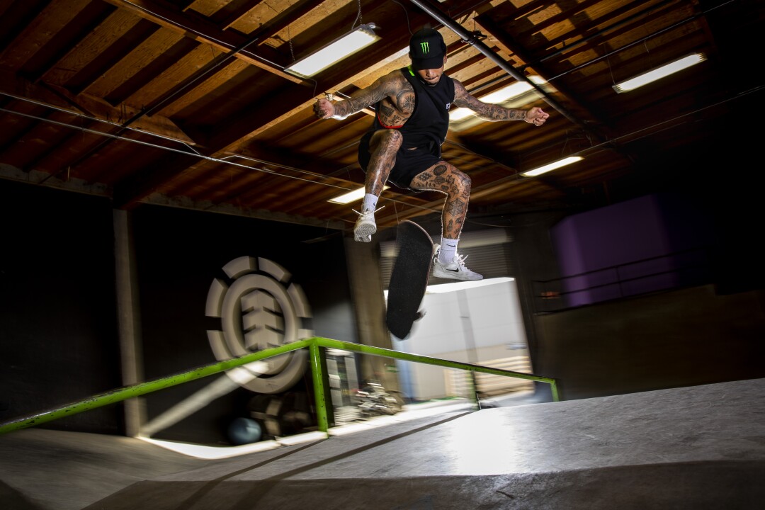 Nyjah Huston, the top-ranked skateboarder in the world, is photographed at his skate park in San Clemente