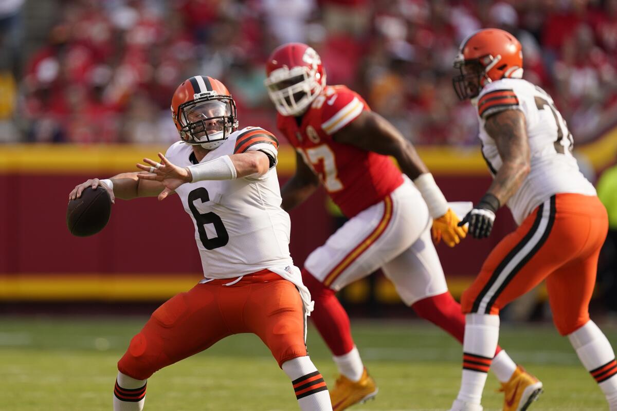 Cleveland Browns quarterback Baker Mayfield throws during the first half of an NFL football game against the Kansas City Chiefs Sunday, Sept. 12, 2021, in Kansas City, Mo. (AP Photo/Charlie Riedel)