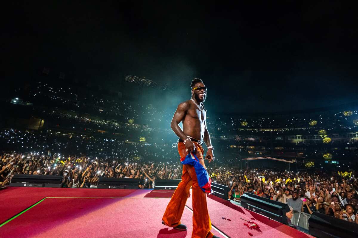 A shirtless musician wearing sunglasses performs onstage for a large stadium of fans.