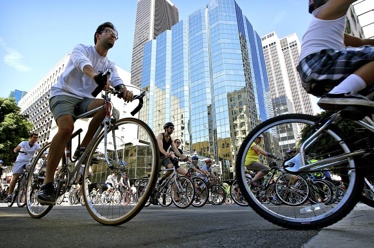 CicLAvia participants ride through downtown Los Angeles on Sunday, October 6, 2013.