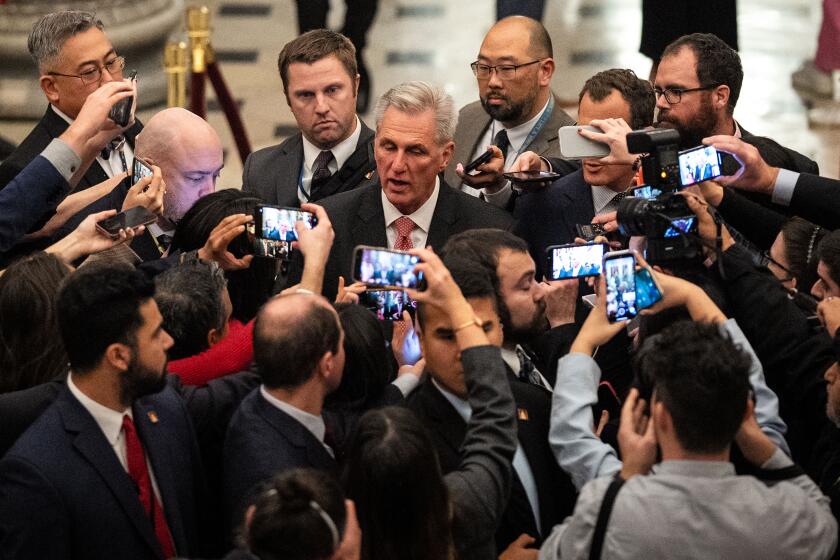 Rep. Kevin McCarthy (R-CA) talks with reporters in National Statuary Hall of the U.S. Capitol Building on Thursday.