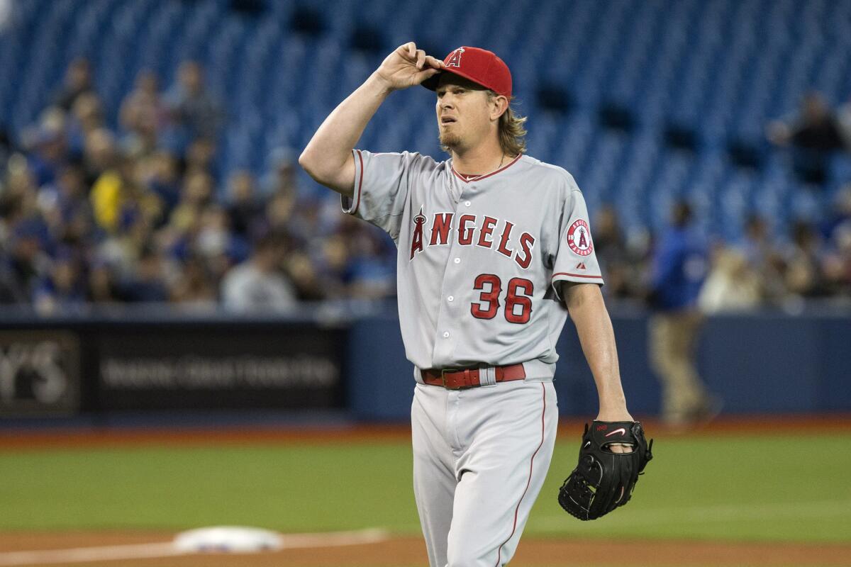 Right-hander Jered Weaver gave up three runs on four hits over seven innings in the Angels' 4-3 victory over the Toronto Blue Jays.