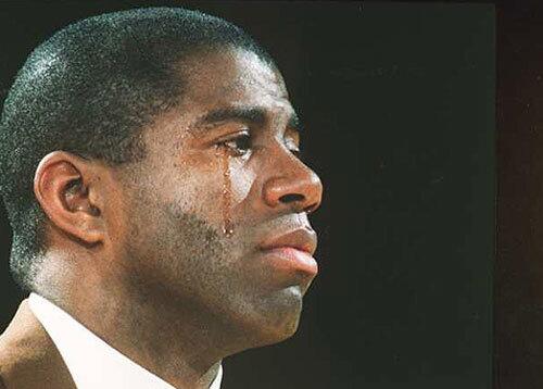 Magic Johnson stuns the nation on Nov. 7, 1991, with his announcement that he has tested positive for HIV and will retire from the NBA after 12 seasons.