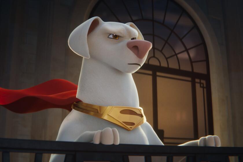 A cartoon dog with a red cape looking over a balcony