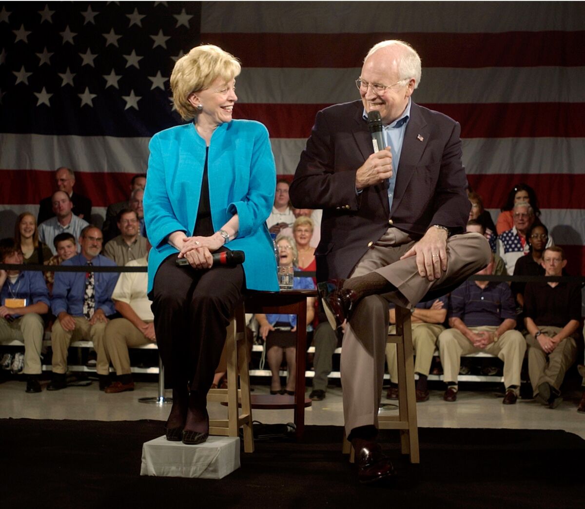 Lynne Cheney, left, with her husband the then-Vice President in 2004. Did she lead an ex-Harvard president astray with a 1991 speech?