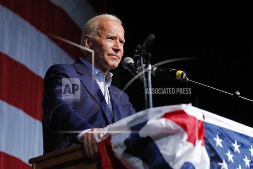 Former Vice President and Democratic presidential candidate Joe Biden speaks at the Iowa Democratic Wing Ding at the Surf Ballroom, Friday, Aug. 9, 2019, in Clear Lake, Iowa. (AP Photo/John Locher)