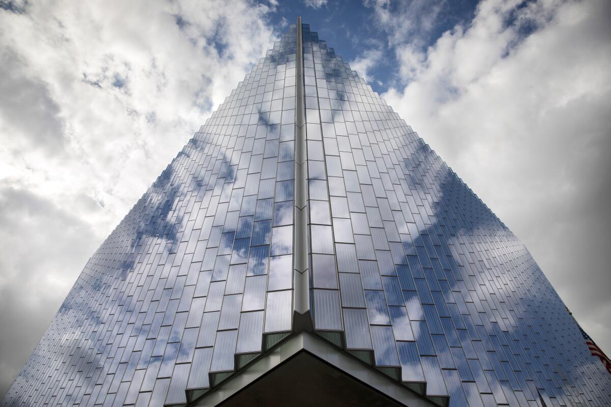 The Federal Courthouse reflects a cloudscape in downtown Los Angeles. 