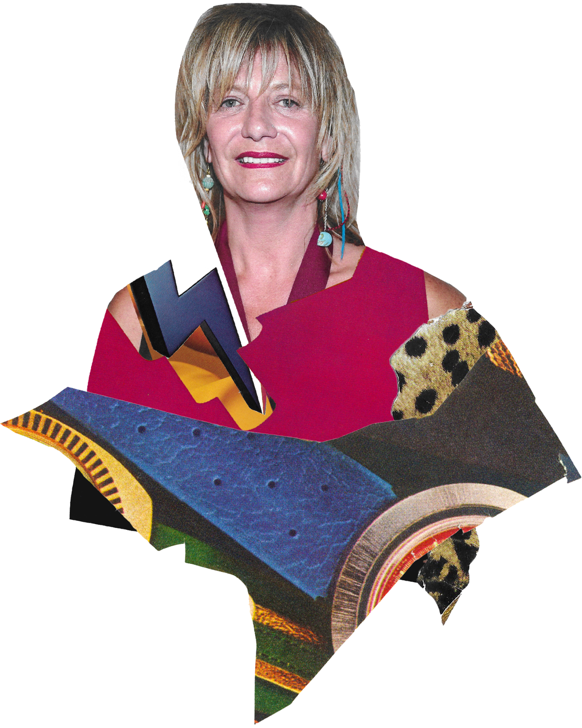 A cutout of a photo of Pebe Sebert with fragments of colorful paper.