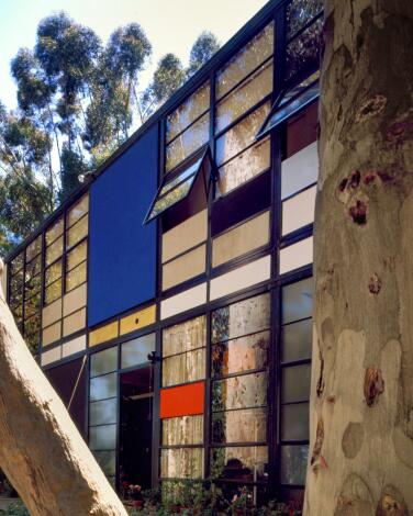 The front side of the Eames House Case Study #8 designed by architects Charles and Ray Eames in Pacific Palisades.