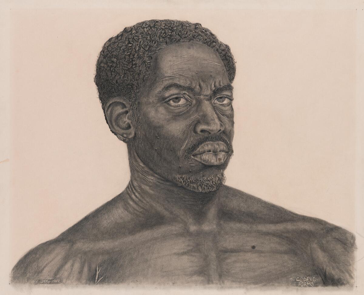 Cedric Adams, "Just How I Feel," 1972, graphite, a drawing of a shirtless Black man.
