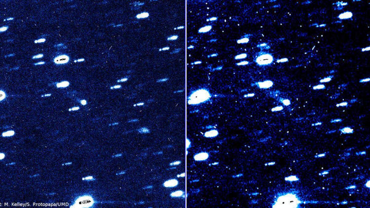 ¿Cuándo un asteroide se convierte en cometa? Cuando tiene una cola. Estas dos imágenes, tomadas por Michael Kelley y Silvia Protopapa, confirmaron que el "asteroide" P/2016 BA14 era en realidad un cometa, que se encuentra en el centro de la imagen.