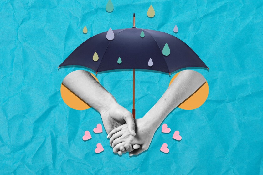 Illustration of holding hands with small hearts around them beneath an umbrella, weathering life's storms.