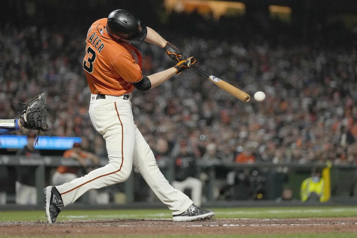 Austin Slater, batting against the Dodgers on Sept. 3, has four pinch-hit home runs for the Giants this season.