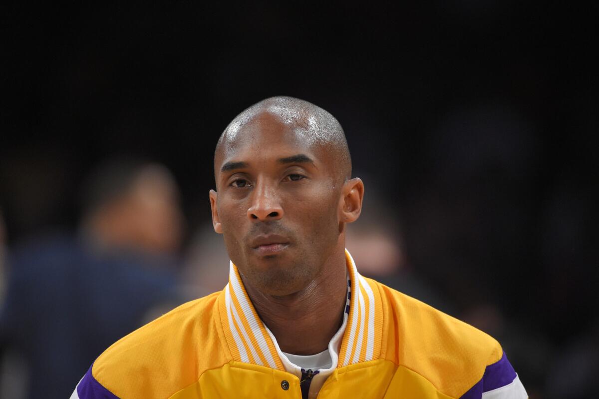 Kobe Bryant looks on during warmups prior to a Jan. 15 game against the Cleveland Cavaliers at Staples Center.