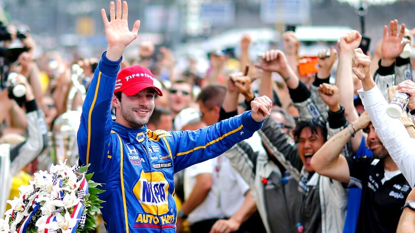 Alexander Rossi celebrates in Victory Lane after winning the Indy 500 on Sunday.