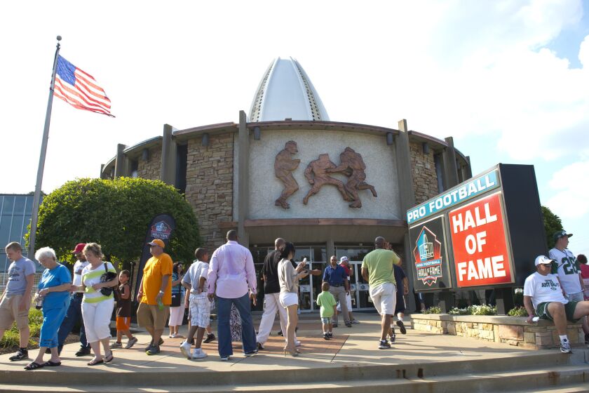 The Pro Football Hall of Fame in Ohio. A proposed bill in California would ban players from professional sports teams based outside of the state from filing workers' compensation claims.