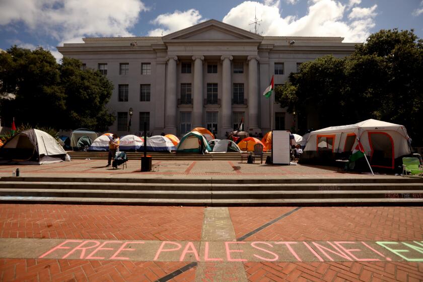 BERKELEY, CA - APRIL 26, 2024 - Students and concerned citizens camp out in front of Sproul 